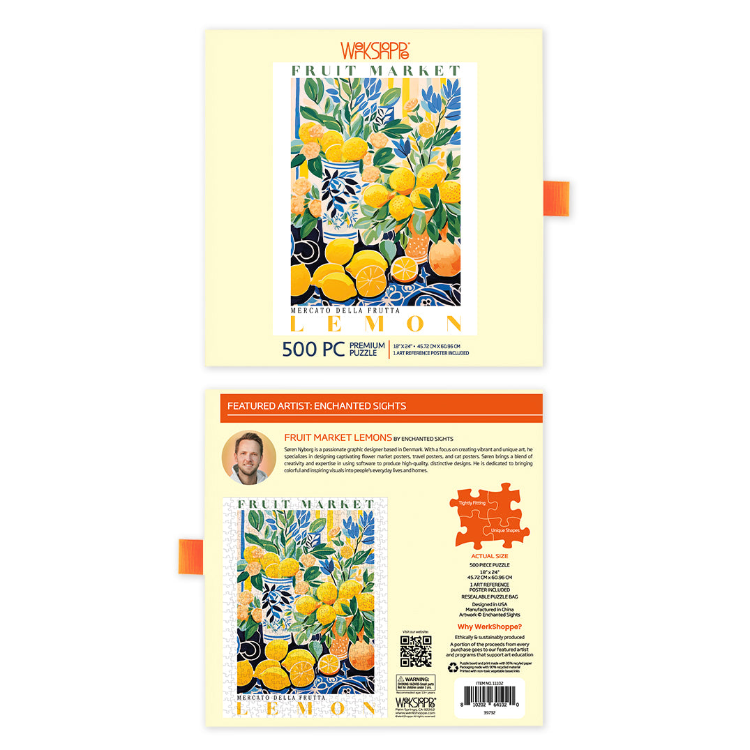 Fruit Market Lemons 500 Piece Puzzle, jigsaw puzzles for adults, eco-friendly & sustainable, artist designed puzzles, cool jigsaw puzzles, summer artwork, mediterranean art puzzle