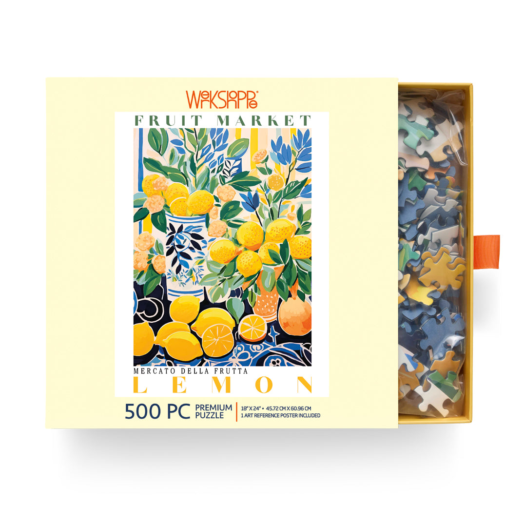 Fruit Market Lemons 500 Piece Puzzle, jigsaw puzzles for adults, eco-friendly & sustainable, artist designed puzzles, cool jigsaw puzzles, summer artwork, mediterranean art puzzle