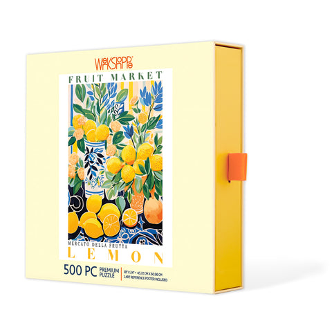 Fruit Market Lemons 500 Piece Puzzle, jigsaw puzzles for adults, eco-friendly & sustainable, artist designed puzzles, cool jigsaw puzzles, summer artwork, mediterranean art puzzle