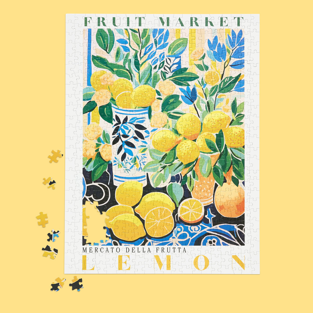 Fruit Market Lemons 500 Piece Puzzle, jigsaw puzzles for adults, eco-friendly & sustainable, artist designed puzzles, cool jigsaw puzzles, summer artwork, mediterranean art puzzle
