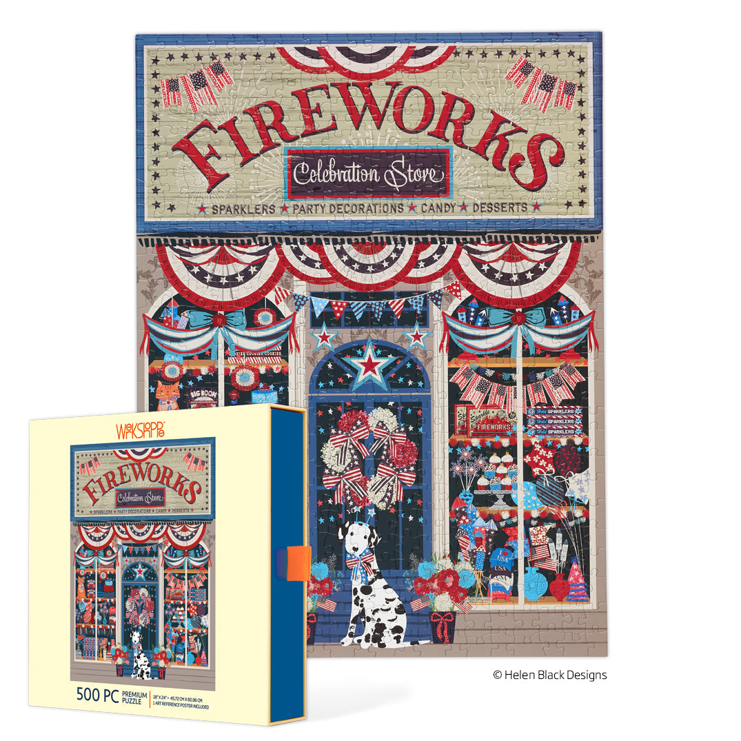 Flags & Fireworks 500 Piece Puzzle, jigsaw puzzles for adults, eco-friendly & sustainable, artist designed puzzles, cool jigsaw puzzles, americana puzzle, 4th of july, fourth of july art, america themed puzzle