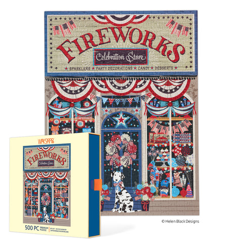 Flags & Fireworks 500 Piece Puzzle, jigsaw puzzles for adults, eco-friendly & sustainable, artist designed puzzles, cool jigsaw puzzles, americana puzzle, 4th of july, fourth of july art, america themed puzzle