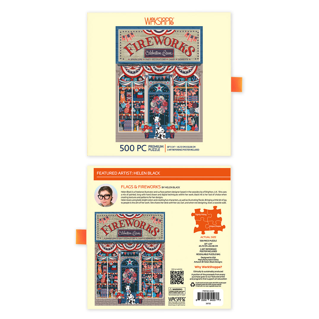 Flags & Fireworks 500 Piece Puzzle, jigsaw puzzles for adults, eco-friendly & sustainable, artist designed puzzles, cool jigsaw puzzles, americana puzzle, 4th of july, fourth of july art, america themed puzzle