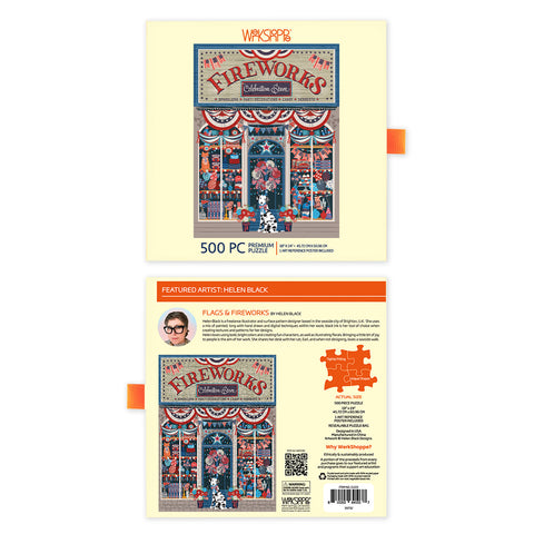 Flags & Fireworks 500 Piece Puzzle, jigsaw puzzles for adults, eco-friendly & sustainable, artist designed puzzles, cool jigsaw puzzles, americana puzzle, 4th of july, fourth of july art, america themed puzzle
