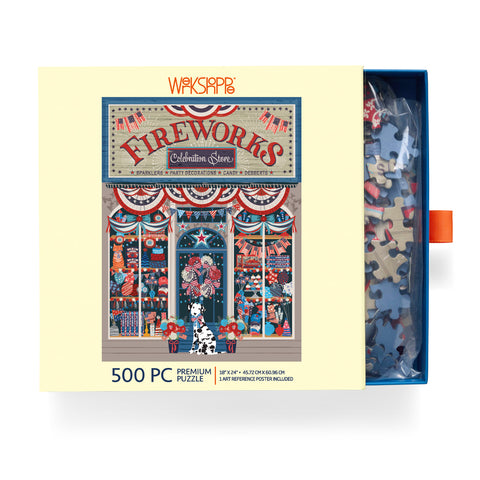 Flags & Fireworks 500 Piece Puzzle, jigsaw puzzles for adults, eco-friendly & sustainable, artist designed puzzles, cool jigsaw puzzles, americana puzzle, 4th of july, fourth of july art, america themed puzzle