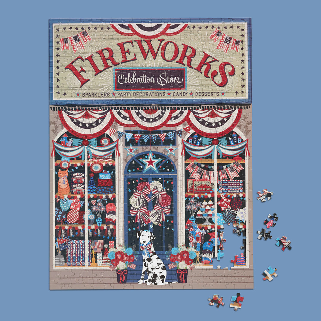 Flags & Fireworks 500 Piece Puzzle, jigsaw puzzles for adults, eco-friendly & sustainable, artist designed puzzles, cool jigsaw puzzles, americana puzzle, 4th of july, fourth of july art, america themed puzzle