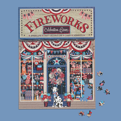 Flags & Fireworks 500 Piece Puzzle, jigsaw puzzles for adults, eco-friendly & sustainable, artist designed puzzles, cool jigsaw puzzles, americana puzzle, 4th of july, fourth of july art, america themed puzzle