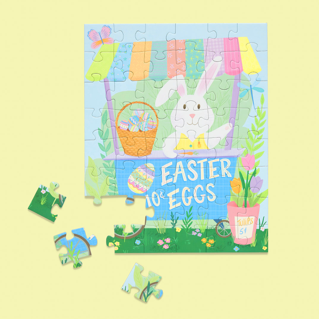 Children's Easter-themed puzzle with a bunny and basket on a yellow background