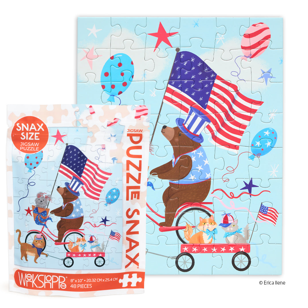 Paws & Stripes 48 Piece Puzzle Snax, jigsaw puzzles for kids, puzzle snax for kids, children's puzzles, cool jigsaw puzzles, fun puzzles, americana puzzle, patriotic puzzle for kids