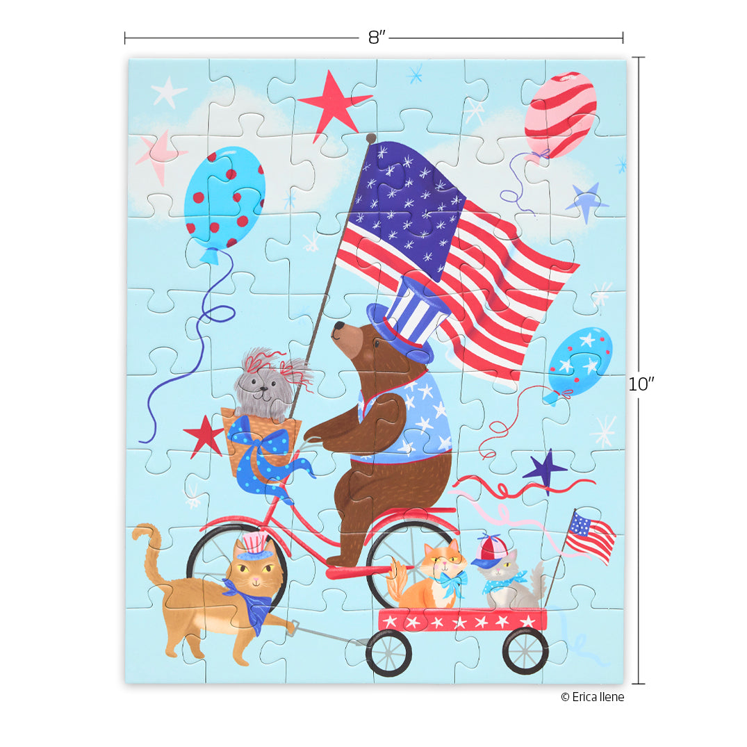 Paws & Stripes 48 Piece Puzzle Snax, jigsaw puzzles for kids, puzzle snax for kids, children's puzzles, cool jigsaw puzzles, fun puzzles, americana puzzle, patriotic puzzle for kids