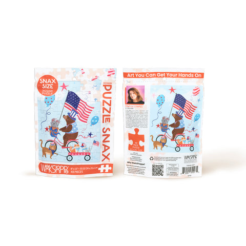 Paws & Stripes 48 Piece Puzzle Snax, jigsaw puzzles for kids, puzzle snax for kids, children's puzzles, cool jigsaw puzzles, fun puzzles, americana puzzle, patriotic puzzle for kids