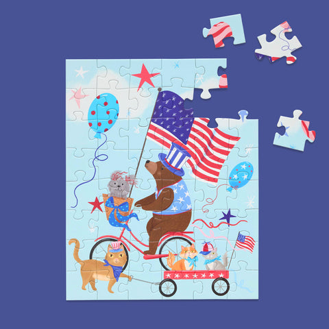 Paws & Stripes 48 Piece Puzzle Snax, jigsaw puzzles for kids, puzzle snax for kids, children's puzzles, cool jigsaw puzzles, fun puzzles, americana puzzle, patriotic puzzle for kids