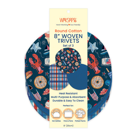 Summer Favorites Cotton Kitchen Trivets, fourth of july kitchen accessories, Table & Countertop Protection, set of 3 round cotton trivets, Multi-purpose & durable