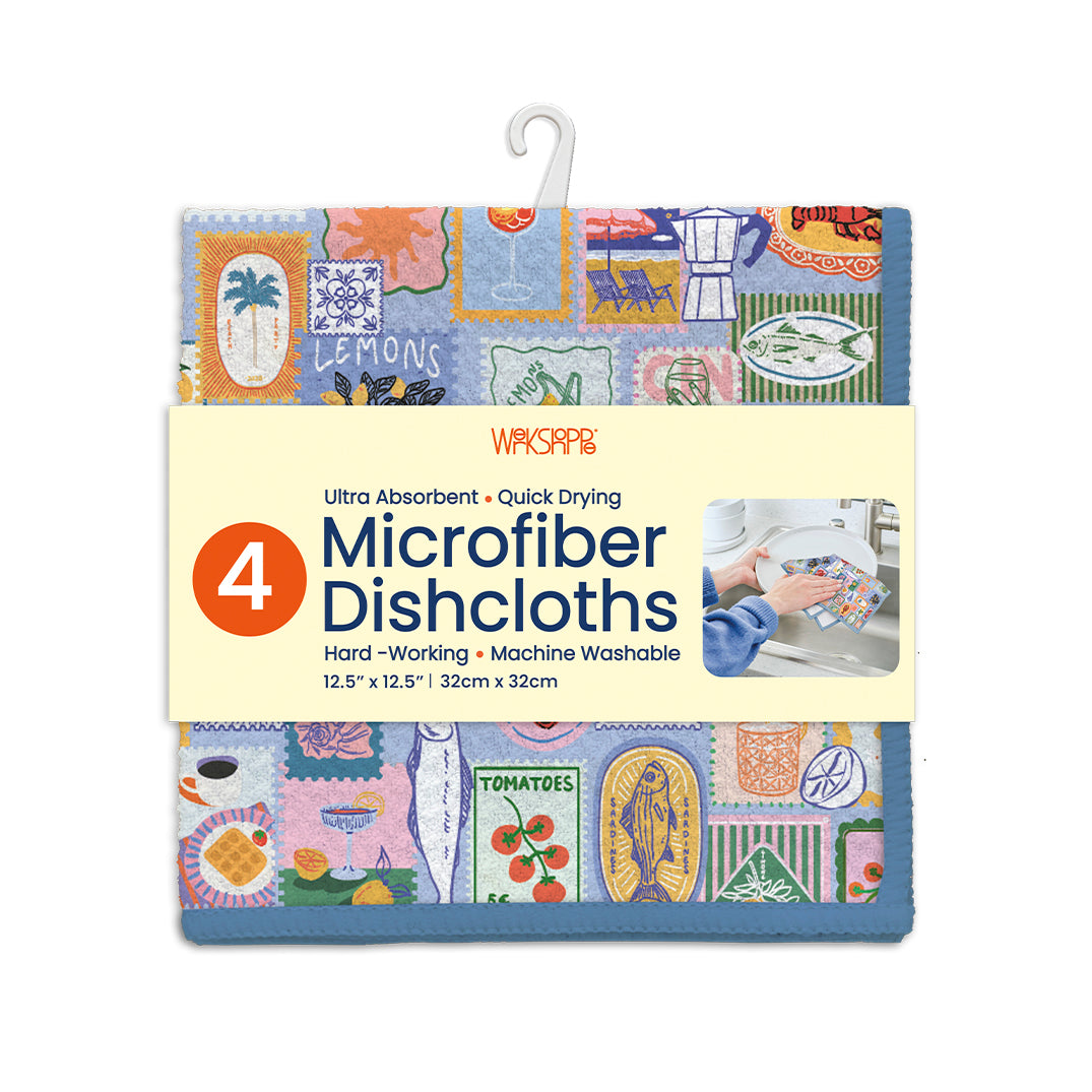 Mediterranean Summer Microfiber Dishcloths, Non-Abrasive All-Purpose Microfiber, High Performance Waffle Weave, Eco-friendly WerkShoppe Kitchen Towels, Set of 2 dish cloths, 