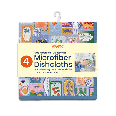 Mediterranean Summer Microfiber Dishcloths, Non-Abrasive All-Purpose Microfiber, High Performance Waffle Weave, Eco-friendly WerkShoppe Kitchen Towels, Set of 2 dish cloths, 