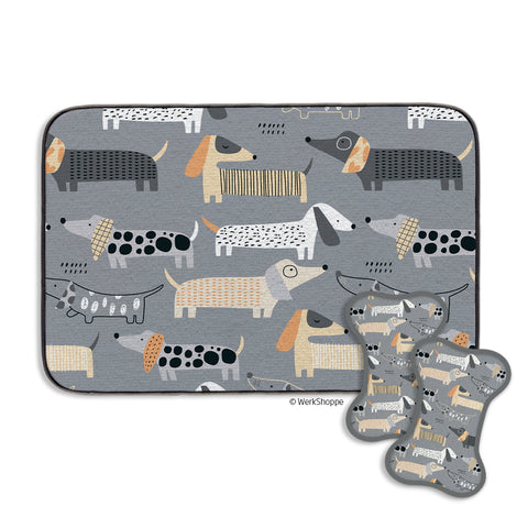 Dachshunds Bowl Mat & Scrubbie Set, microfiber non slip dog feeding mat and bow scrubbie set