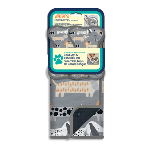 Dachshunds Bowl Mat & Scrubbie Set, microfiber non slip dog feeding mat and bow scrubbie set