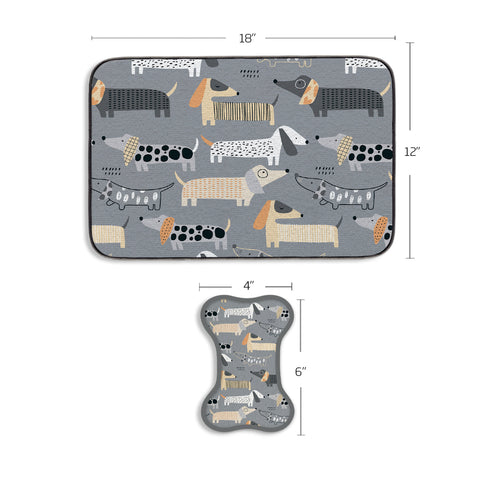 Dachshunds Bowl Mat & Scrubbie Set, microfiber non slip dog feeding mat and bow scrubbie set