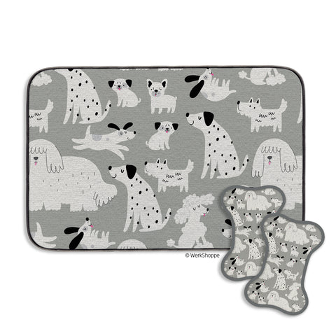 Gray & Black Dogs Bowl Mat & Scrubbie Set, feeding station set up for dogs, washable, reusable cleaning supplies for pets