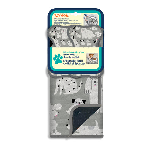 Gray & Black Dogs Bowl Mat & Scrubbie Set, feeding station set up for dogs, washable, reusable cleaning supplies for pets