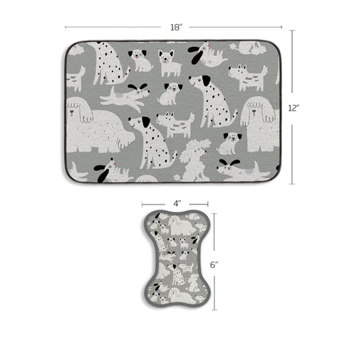 Gray & Black Dogs Bowl Mat & Scrubbie Set, feeding station set up for dogs, washable, reusable cleaning supplies for pets