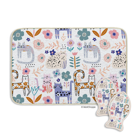 Floral Cat Bowl Mat & Scrubbie Set, feeding mat for cats, microfiber feeding mat and scrubbie set for pets