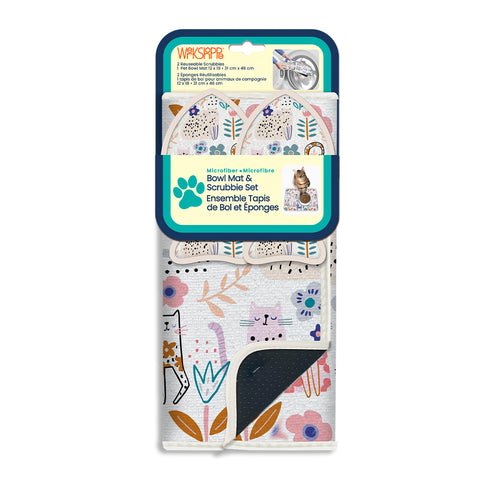 Floral Cat Bowl Mat & Scrubbie Set, feeding mat for cats, microfiber feeding mat and scrubbie set for pets