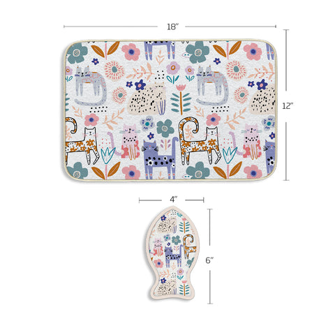 Floral Cat Bowl Mat & Scrubbie Set, feeding mat for cats, microfiber feeding mat and scrubbie set for pets