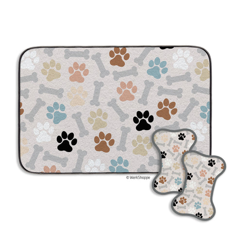 Dog Paws & Bone Bowl Mat & Scrubbie Set, reusable, washable dog bowl mat & scrubbie set