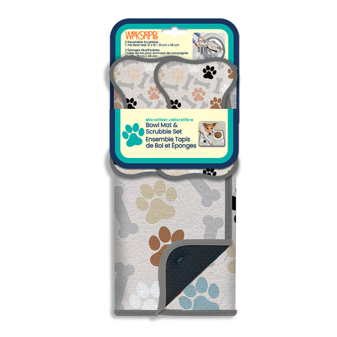 Dog Paws & Bone Bowl Mat & Scrubbie Set, reusable, washable dog bowl mat & scrubbie set