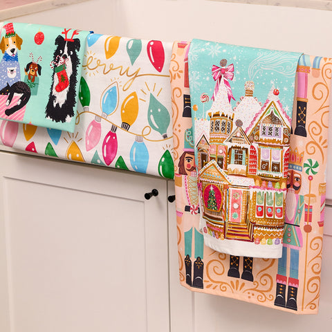 art by katie daisy, gingerbread house, holiday kitchen towel, colorful towels, unique dish towels,
tea towels cotton, kitchen towels cotton