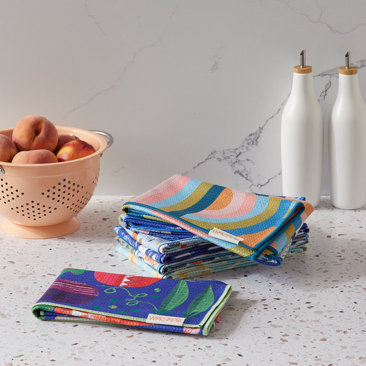 Art by Amy Suther, rainbow connection, colorful pattern, peace harmony happiness, best kitchen towels, microfiber tea towels, artist designed kitchen towels 