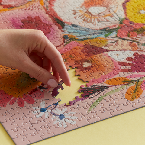 Art by Carolyn Gavin, strawberry fields 1000 piece jigsaw puzzle, pink flower bouquet, 100% recycled & non-toxic, puzzle gifts,
artist designed puzzles, unique puzzles