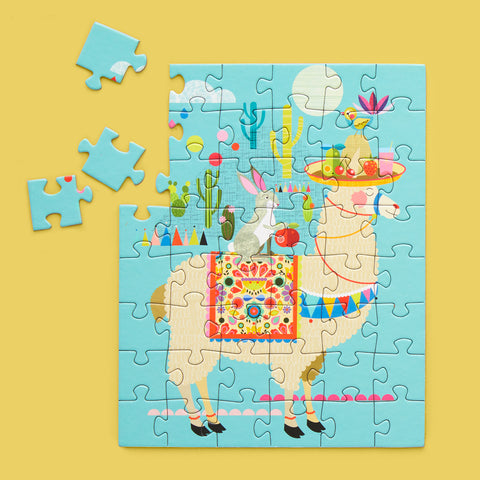 Art by Ellen Giggenbach, Llama puzzle for kids, 48 piece puzzle, travel puzzle, artist designed puzzles, colorful kids jigsaw puzzle