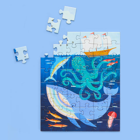 Deep Sea Adventure 48 Piece Puzzle Snax, Art by Melanie Mikecz, underwater landscape, octopus, whale, travel size puzzles, gifts for kids