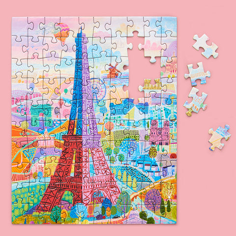 Paris Holiday 100 Piece Jigsaw Puzzle, art by Richard Faust, Eiffel Tower puzzle, Paris, France, artist designed puzzles,